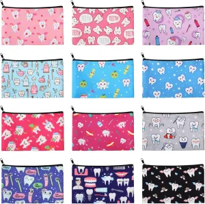 12 Pieces Teeth Makeup Bag Cute Cosmetic Bag for Nurse Women Dental Dentist Gift Colorful Toiletry Bag Multifunctional Polyester Bag with Zipper Teeth Printed Accessories (7.09 x 4.33 Inch)