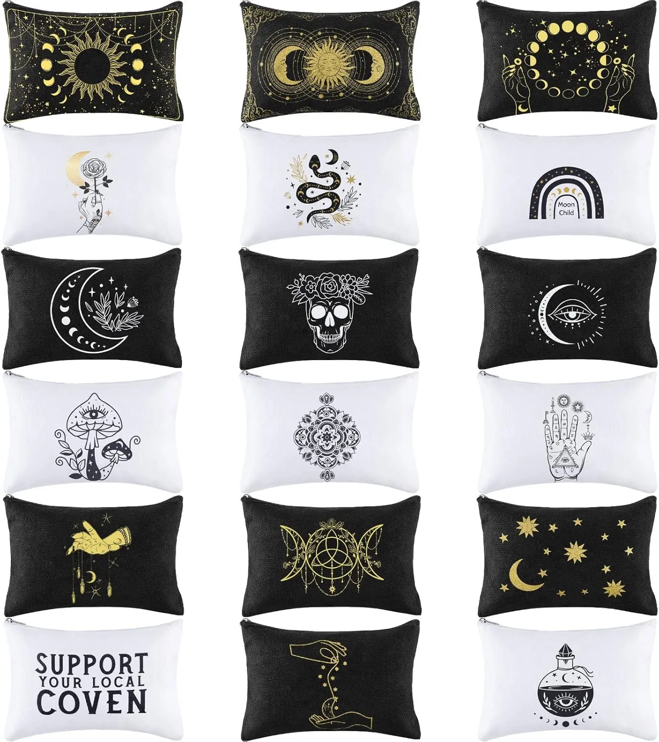 18 Pieces Moon Witch Zipper Pouch Bag Tarot Cards Phase Bag Witch Purse Gothic Aesthetic Canvas Makeup Bags Witchy Crystals Toiletry Bags Witchcraft Snake Cosmetic Bags for Women Girls