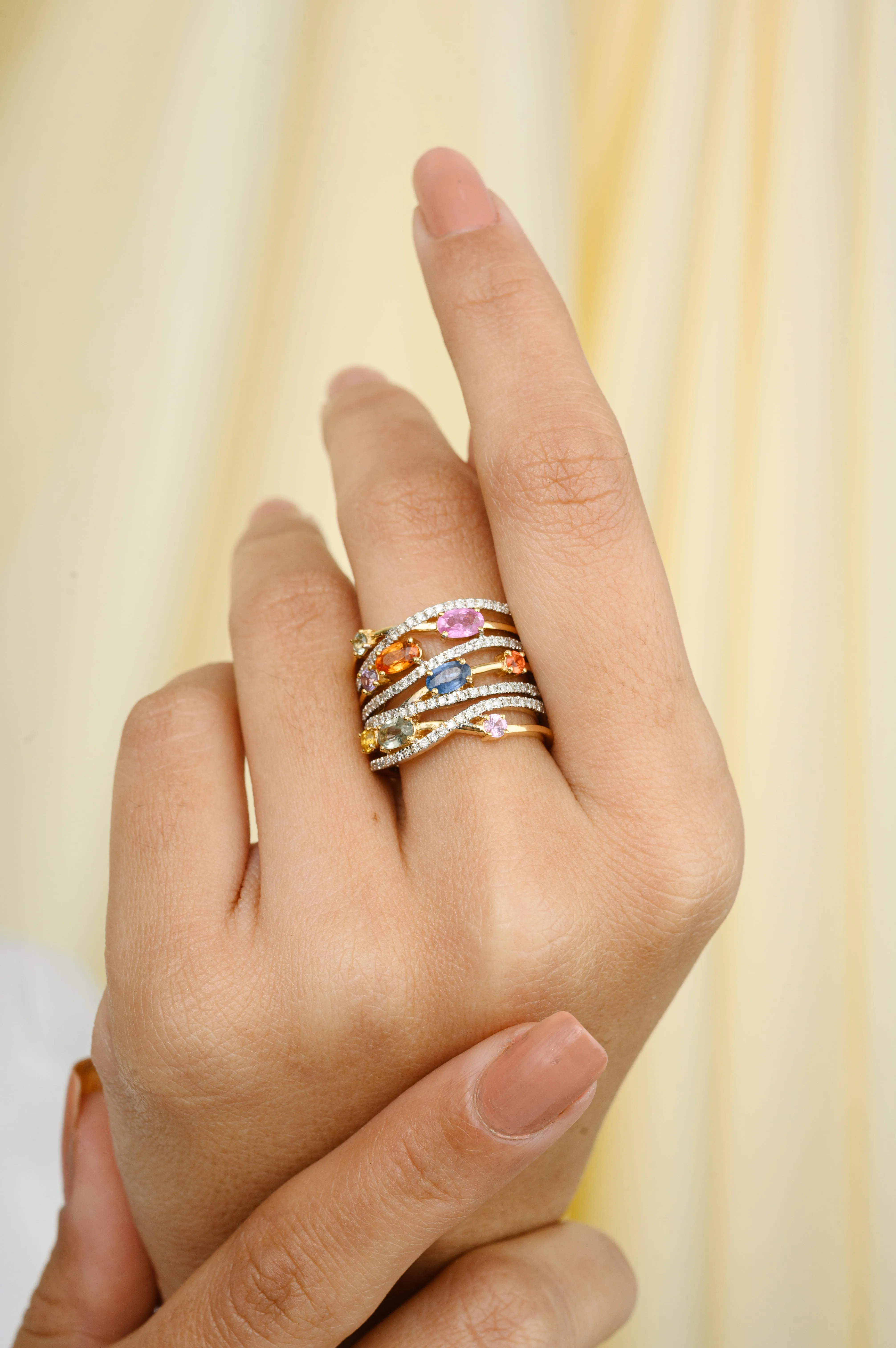 18K Multi Gemstone Cluster Wide Band Ring