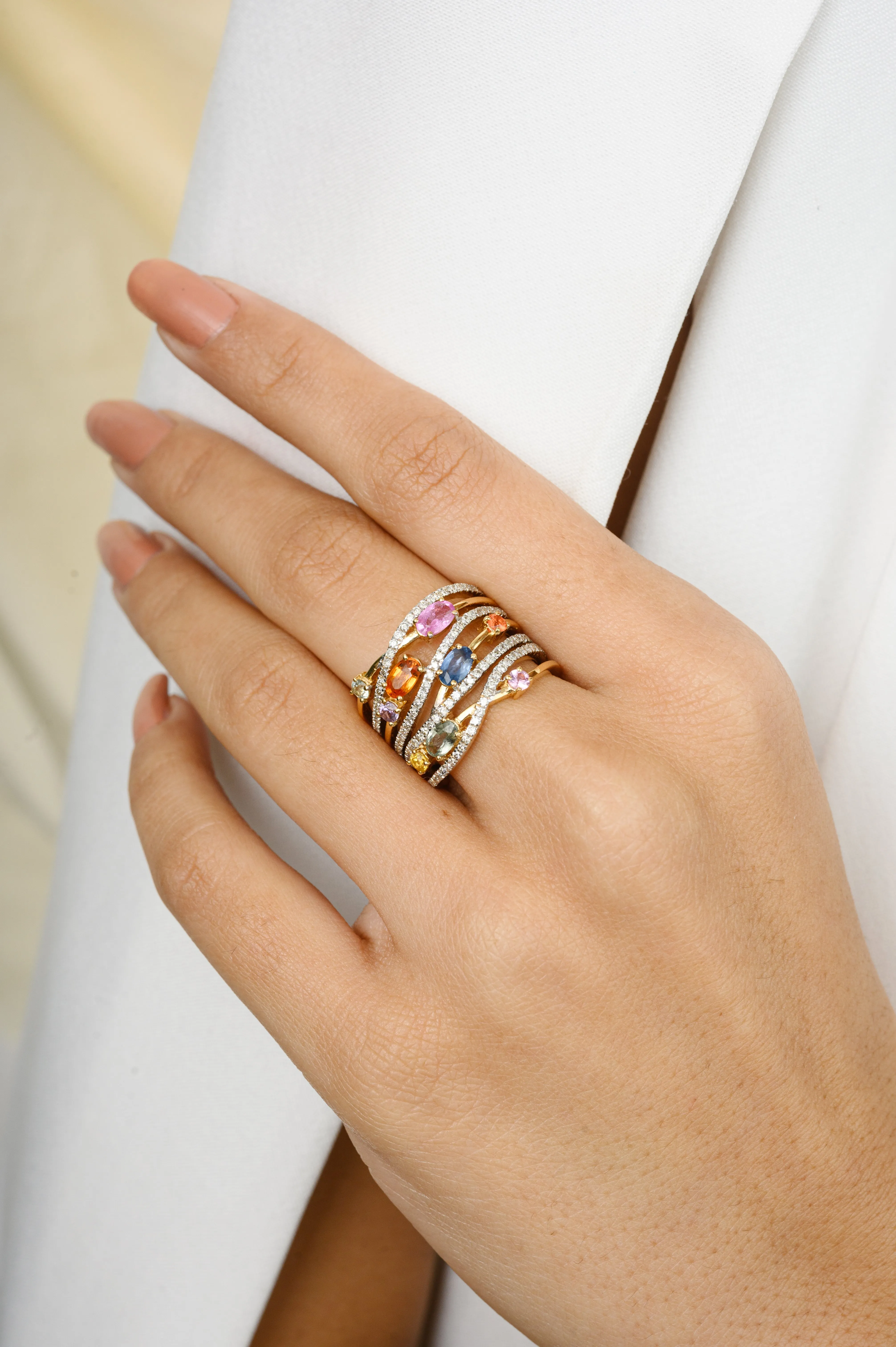18K Multi Gemstone Cluster Wide Band Ring