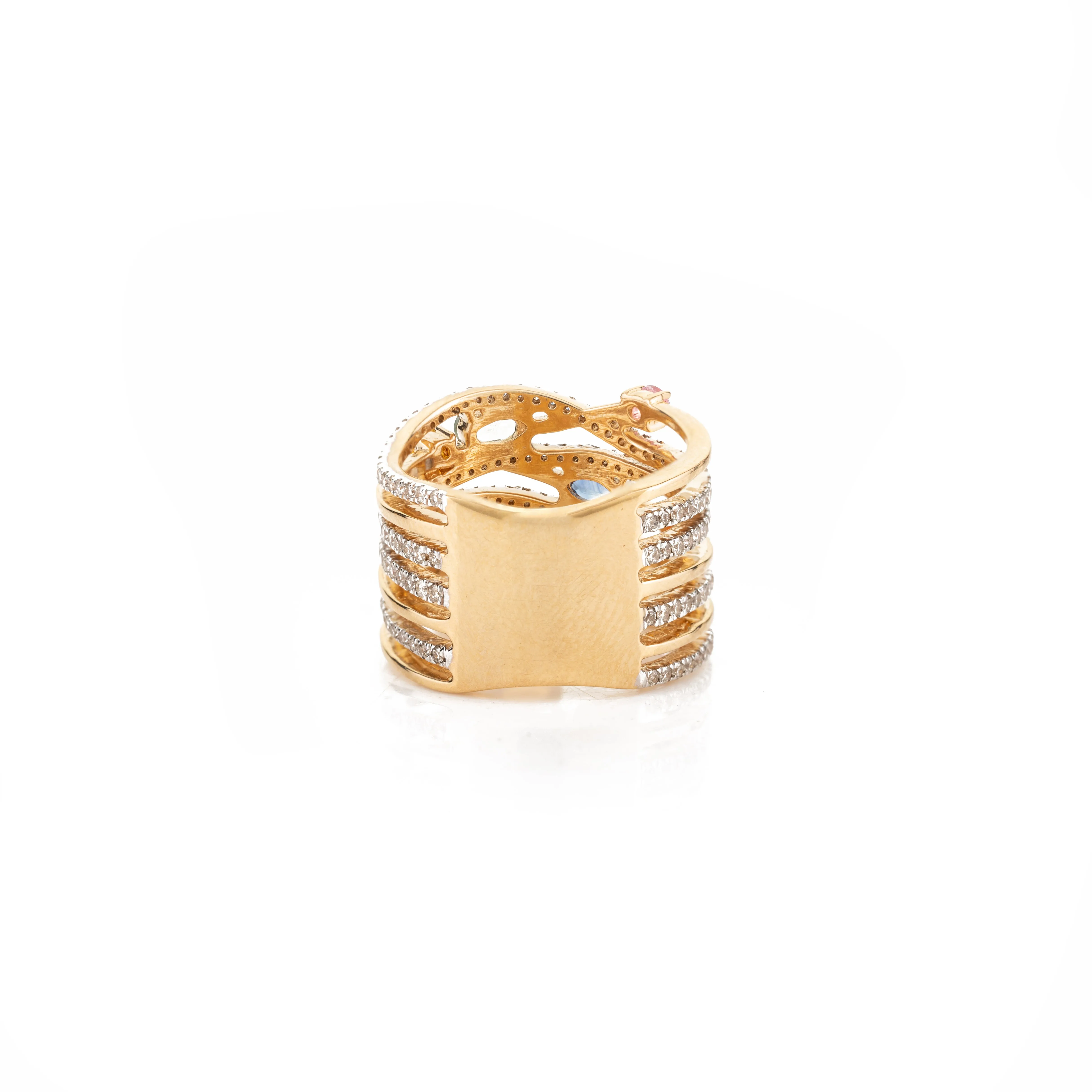 18K Multi Gemstone Cluster Wide Band Ring