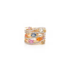 18K Multi Gemstone Cluster Wide Band Ring