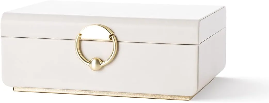 2 Layer Jewelry Box for Women, Jewelry Organizer with Removable Tray, Gold Handle, Jewelry Storage for Necklace Bracelet Earrings Rings, Cream White