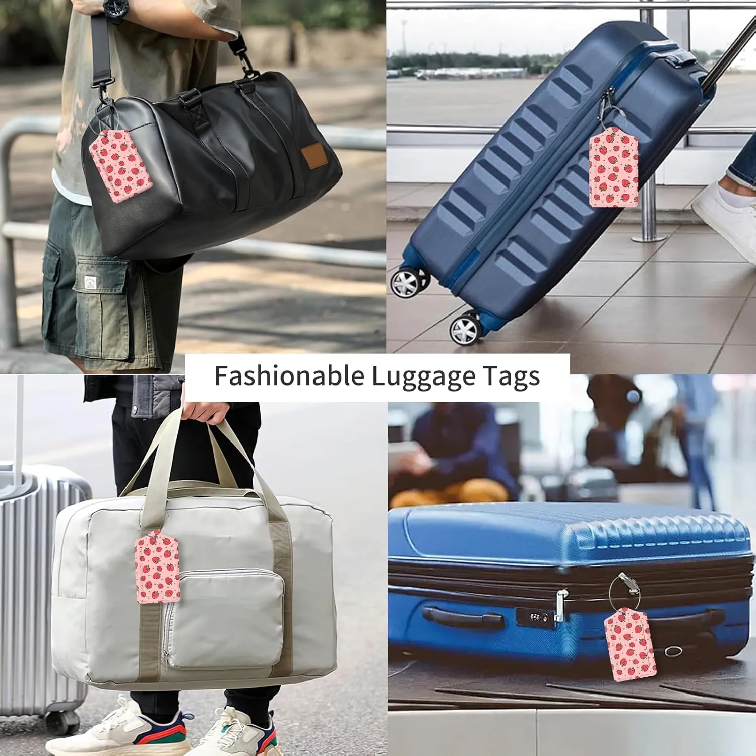 2 Pack Luggage Tag for Suitcase Leather Travel Cruise Luggage Tag with Stainless Steel Loop Name ID Label Privacy Cover for Adults Teens Travel Bag Labels Set(Cute Pink Strawberry)