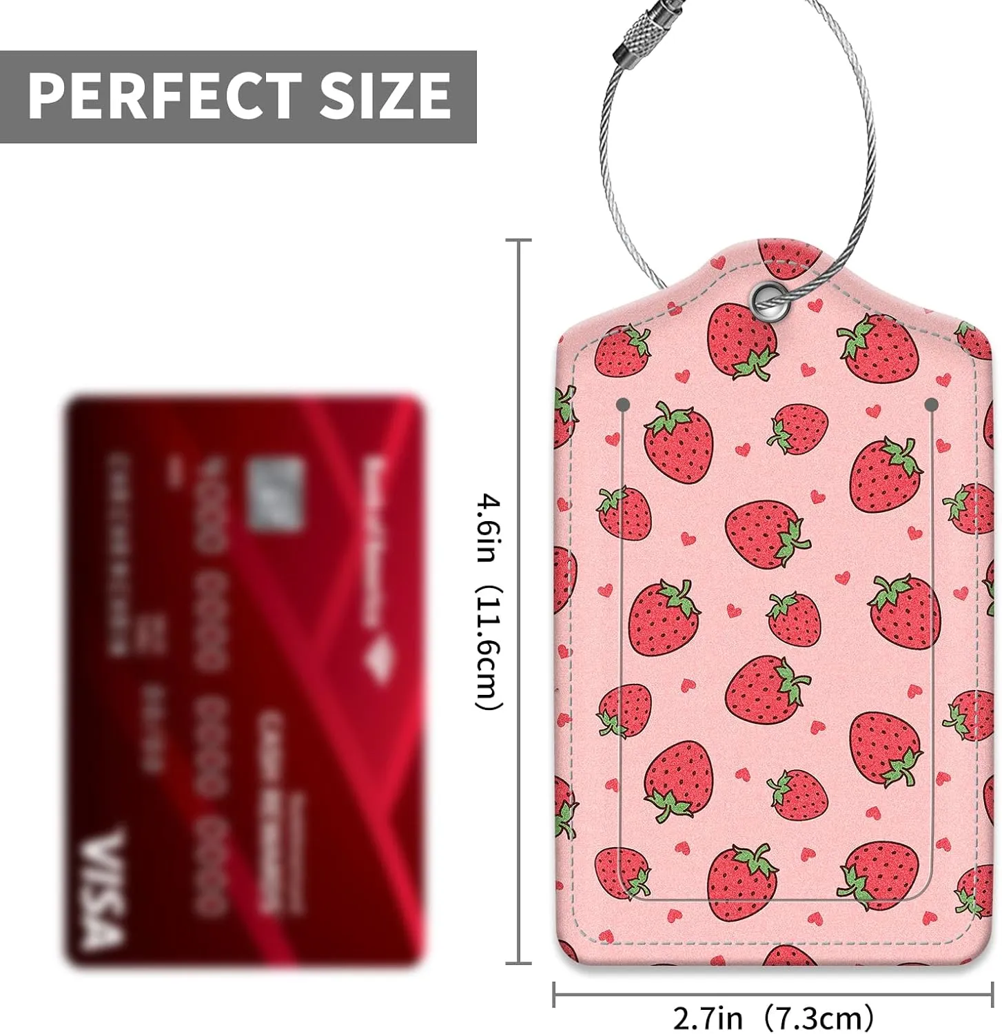 2 Pack Luggage Tag for Suitcase Leather Travel Cruise Luggage Tag with Stainless Steel Loop Name ID Label Privacy Cover for Adults Teens Travel Bag Labels Set(Cute Pink Strawberry)