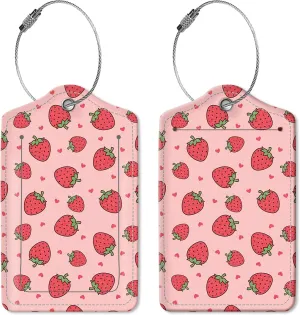2 Pack Luggage Tag for Suitcase Leather Travel Cruise Luggage Tag with Stainless Steel Loop Name ID Label Privacy Cover for Adults Teens Travel Bag Labels Set(Cute Pink Strawberry)