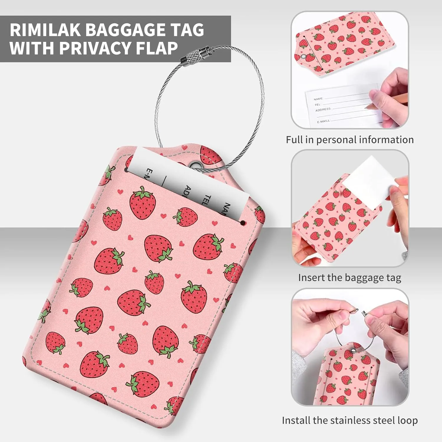 2 Pack Luggage Tag for Suitcase Leather Travel Cruise Luggage Tag with Stainless Steel Loop Name ID Label Privacy Cover for Adults Teens Travel Bag Labels Set(Cute Pink Strawberry)