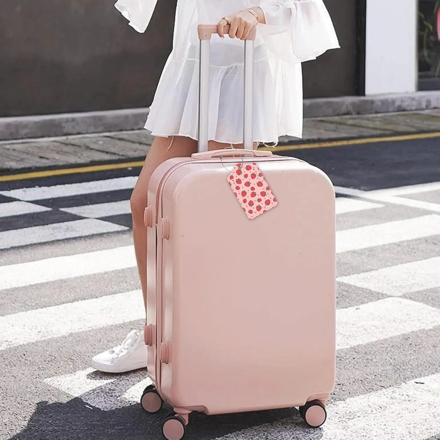 2 Pack Luggage Tag for Suitcase Leather Travel Cruise Luggage Tag with Stainless Steel Loop Name ID Label Privacy Cover for Adults Teens Travel Bag Labels Set(Cute Pink Strawberry)