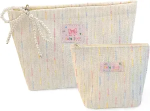2 PCS Travel Makeup Bag,Large Capacity Cosmetic Bags for Women,Travel Toiletry Stripe Cosmetic Bag,White Cosmetic Bag for Purse, Birthday Gift for Women
