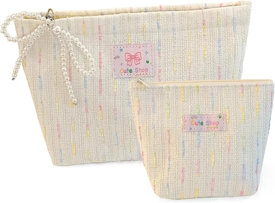 2 PCS Travel Makeup Bag,Large Capacity Cosmetic Bags for Women,Travel Toiletry Stripe Cosmetic Bag,White Cosmetic Bag for Purse, Birthday Gift for Women