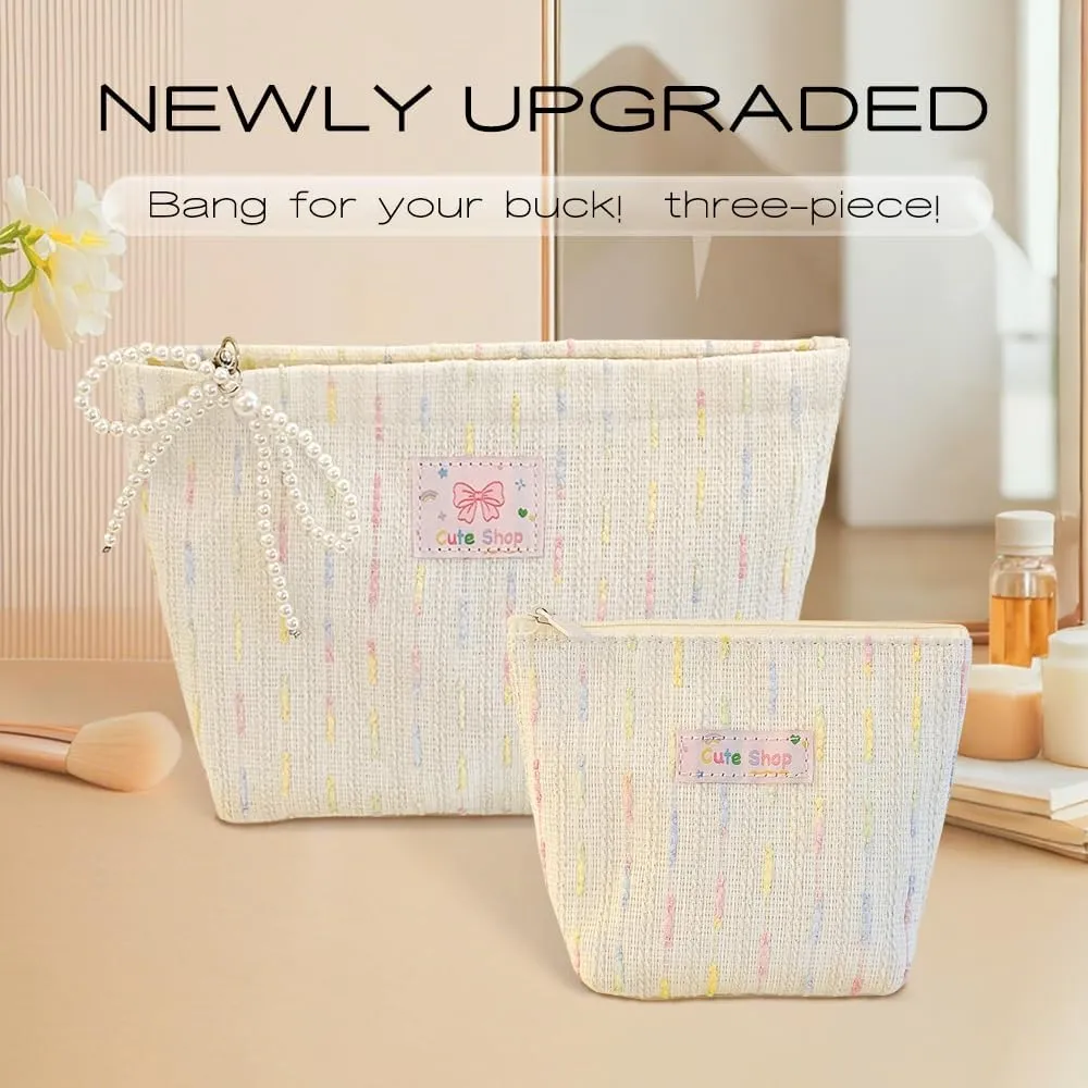 2 PCS Travel Makeup Bag,Large Capacity Cosmetic Bags for Women,Travel Toiletry Stripe Cosmetic Bag,White Cosmetic Bag for Purse, Birthday Gift for Women