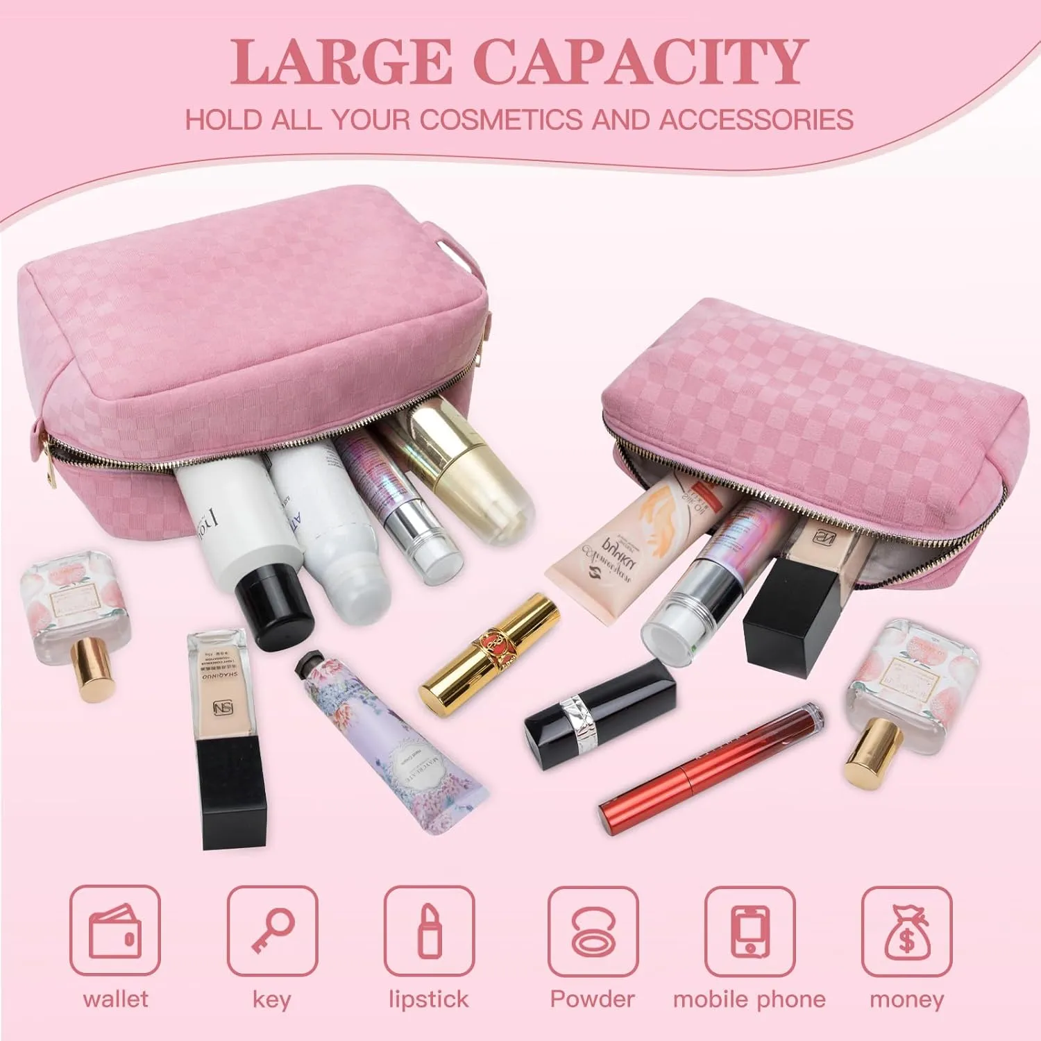 2 Pieces Large Checkered Makeup Bag Cosmetic Bag for Women Travel Toiletry Make Up Brush Bag Pack Organizer Travel Accessories for Women (Pink)