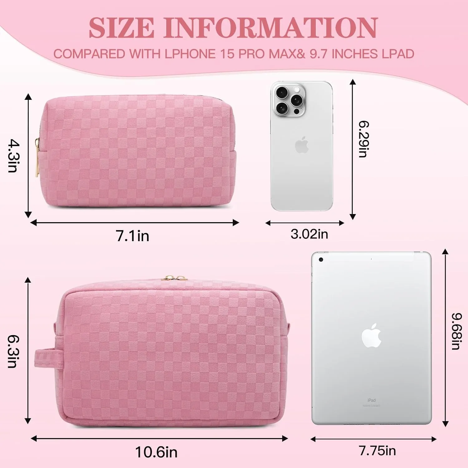 2 Pieces Large Checkered Makeup Bag Cosmetic Bag for Women Travel Toiletry Make Up Brush Bag Pack Organizer Travel Accessories for Women (Pink)