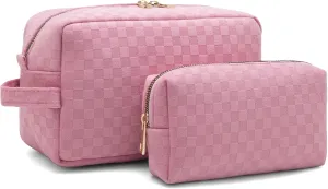 2 Pieces Large Checkered Makeup Bag Cosmetic Bag for Women Travel Toiletry Make Up Brush Bag Pack Organizer Travel Accessories for Women (Pink)