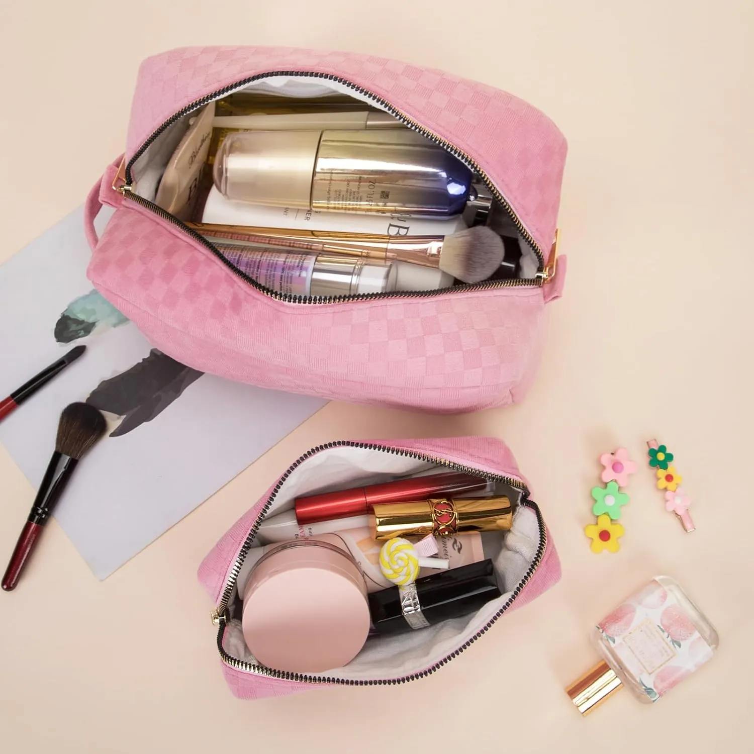 2 Pieces Large Checkered Makeup Bag Cosmetic Bag for Women Travel Toiletry Make Up Brush Bag Pack Organizer Travel Accessories for Women (Pink)