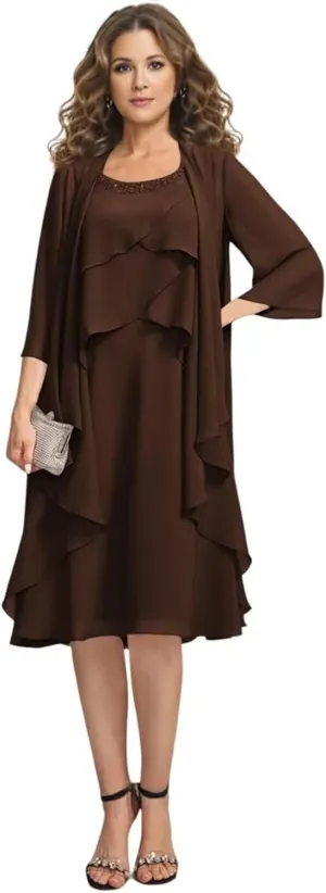 2 Pieces Mother of The Bride Dresses for Wedding Knee Length Tiered Beaded Chiffon Formal Evening Gowns with Jacket