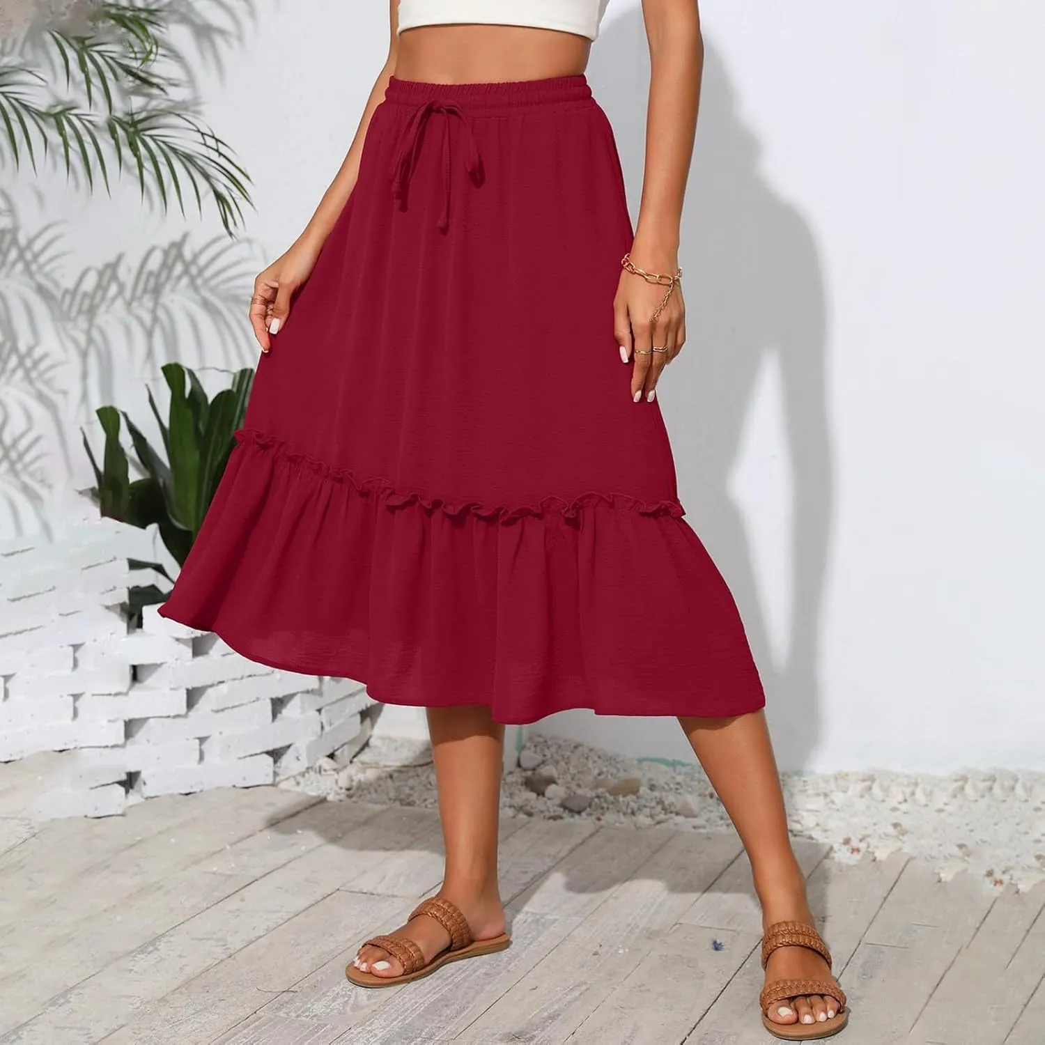 2025 Pleated Midi Length Skirt for Women Trendy Summer Casual Elastic High Waist A-Line Flowy Beach Vacation Skirts