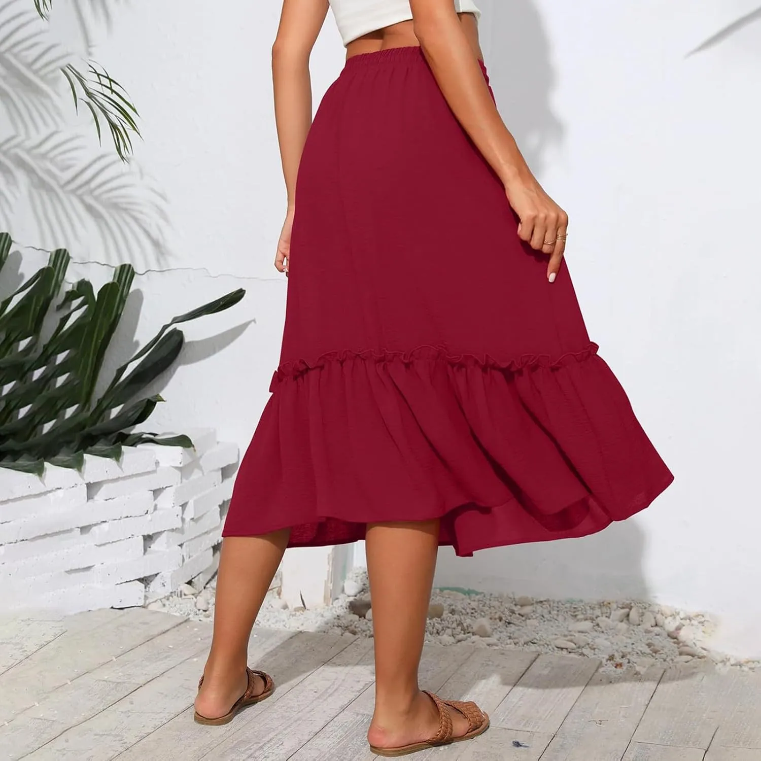 2025 Pleated Midi Length Skirt for Women Trendy Summer Casual Elastic High Waist A-Line Flowy Beach Vacation Skirts