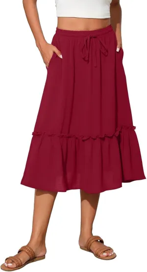 2025 Pleated Midi Length Skirt for Women Trendy Summer Casual Elastic High Waist A-Line Flowy Beach Vacation Skirts