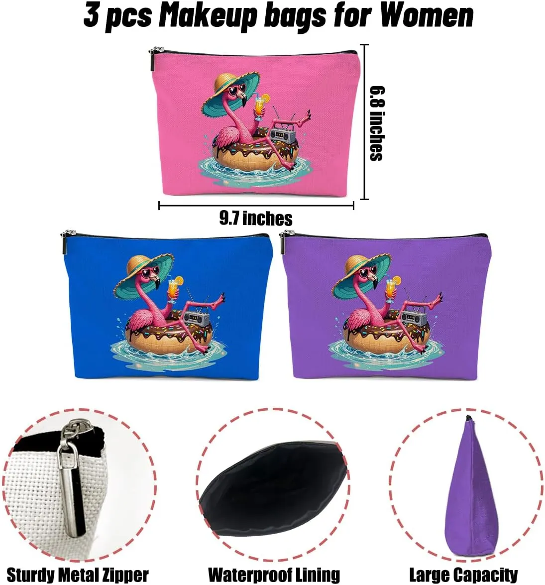3 Pack Beach Summer Whimsical Bird Flamingo Gifts Makeup Bag, Travel Essentials Cosmetic Bags for Women Mom Nurse Doctor Girl Trip, Travel Toiletry Bag for Christmas Birthday Wedding Girls Weekend