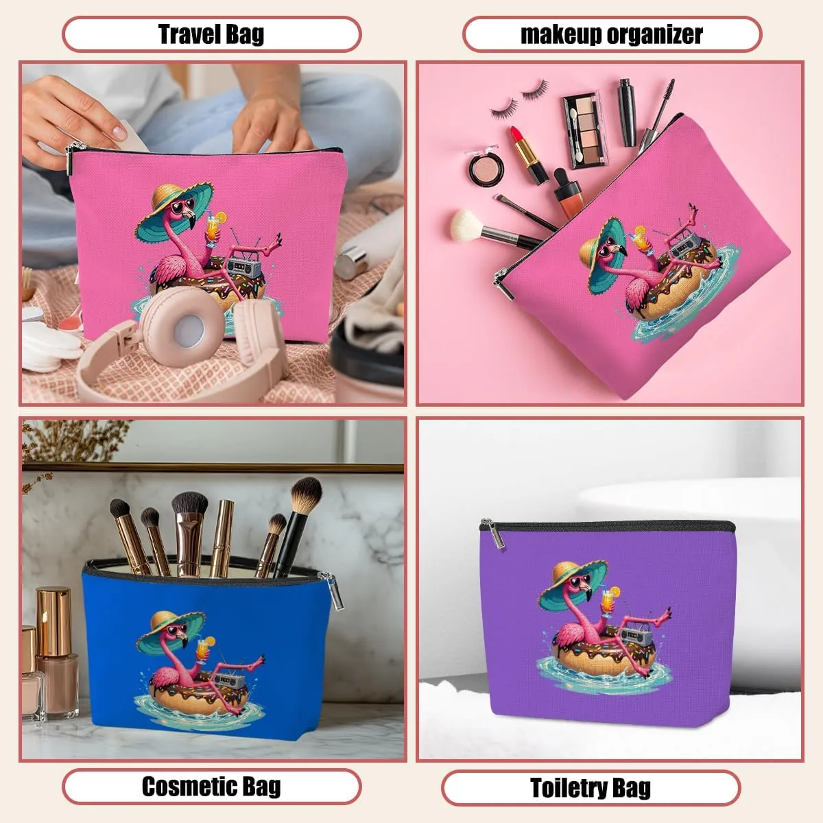 3 Pack Beach Summer Whimsical Bird Flamingo Gifts Makeup Bag, Travel Essentials Cosmetic Bags for Women Mom Nurse Doctor Girl Trip, Travel Toiletry Bag for Christmas Birthday Wedding Girls Weekend