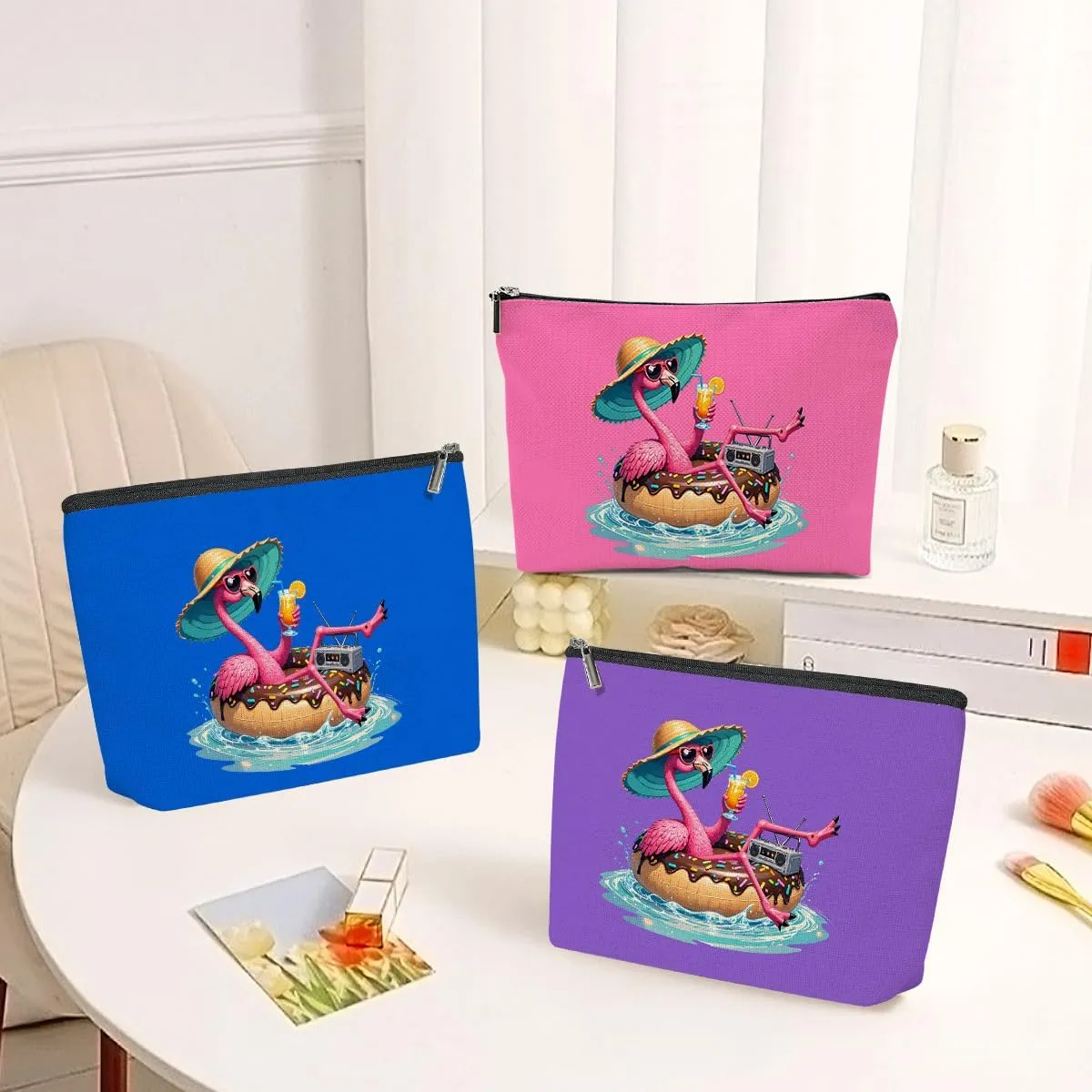 3 Pack Beach Summer Whimsical Bird Flamingo Gifts Makeup Bag, Travel Essentials Cosmetic Bags for Women Mom Nurse Doctor Girl Trip, Travel Toiletry Bag for Christmas Birthday Wedding Girls Weekend