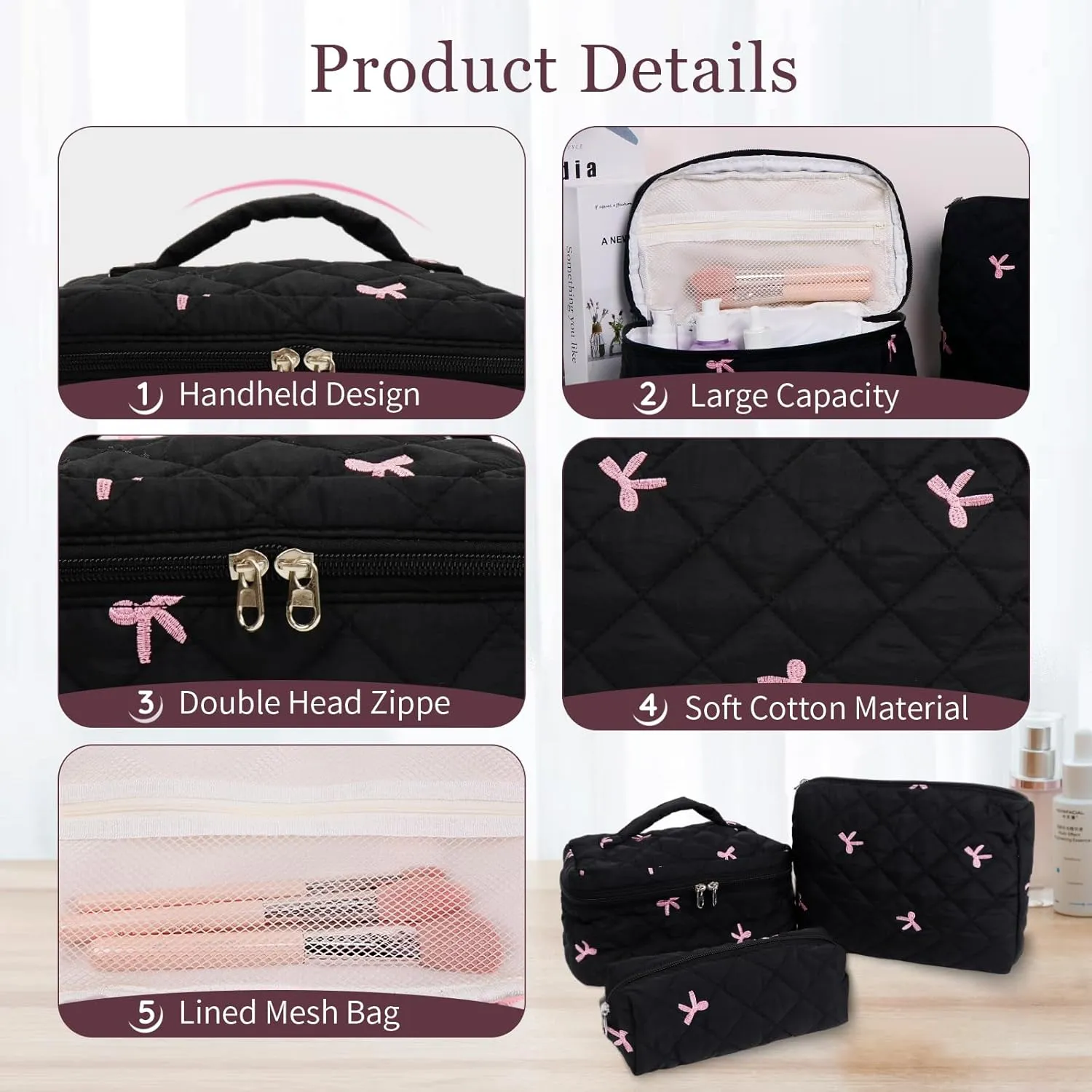 3Pcs Cotton Quilted Makeup Bag Set,Large Floral Cosmetic BagAesthetic Toiletry Travel Makeup Bag Set and Cute Flower Bag for Women Girls (Black Pink Bow)