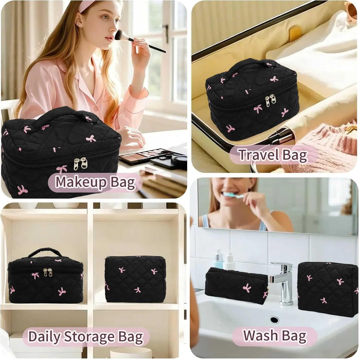 3Pcs Cotton Quilted Makeup Bag Set,Large Floral Cosmetic BagAesthetic Toiletry Travel Makeup Bag Set and Cute Flower Bag for Women Girls (Black Pink Bow)
