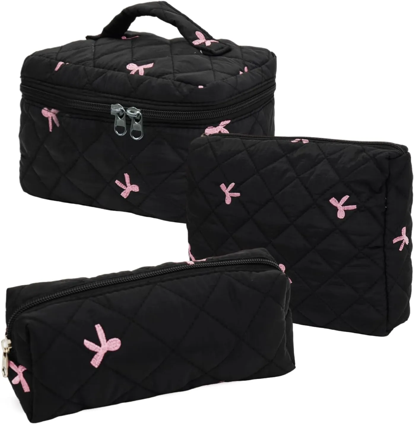 3Pcs Cotton Quilted Makeup Bag Set,Large Floral Cosmetic BagAesthetic Toiletry Travel Makeup Bag Set and Cute Flower Bag for Women Girls (Black Pink Bow)