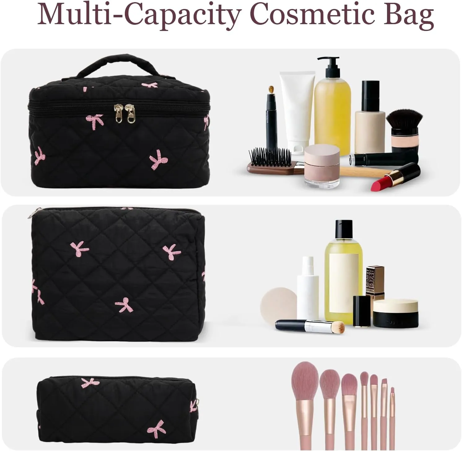 3Pcs Cotton Quilted Makeup Bag Set,Large Floral Cosmetic BagAesthetic Toiletry Travel Makeup Bag Set and Cute Flower Bag for Women Girls (Black Pink Bow)