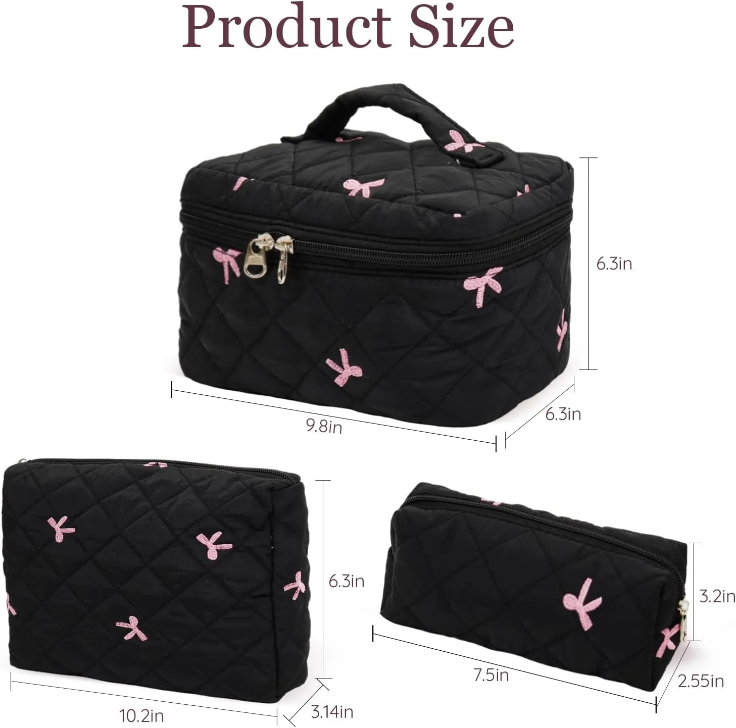 3Pcs Cotton Quilted Makeup Bag Set,Large Floral Cosmetic BagAesthetic Toiletry Travel Makeup Bag Set and Cute Flower Bag for Women Girls (Black Pink Bow)