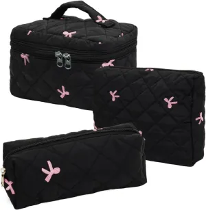 3Pcs Cotton Quilted Makeup Bag Set,Large Floral Cosmetic BagAesthetic Toiletry Travel Makeup Bag Set and Cute Flower Bag for Women Girls (Black Pink Bow)