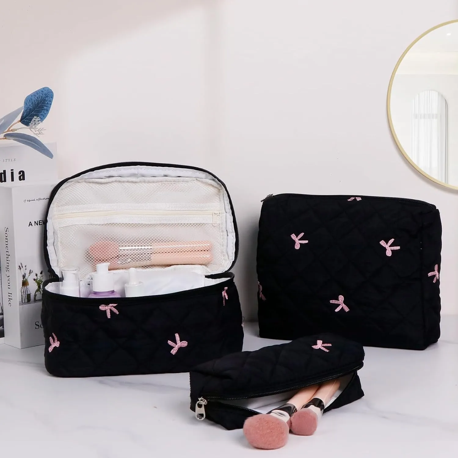3Pcs Cotton Quilted Makeup Bag Set,Large Floral Cosmetic BagAesthetic Toiletry Travel Makeup Bag Set and Cute Flower Bag for Women Girls (Black Pink Bow)