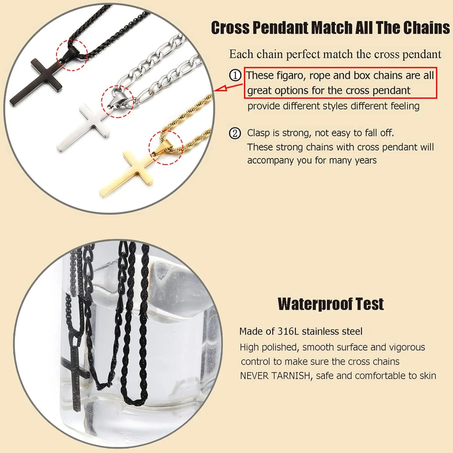 3Pcs Set Cross Necklace for Men, Mens Cross Necklace Cross Chain Layered Stainless Steel Rope Figaro Chains for Women Boys Gold Silver Black (20inch/22inch)