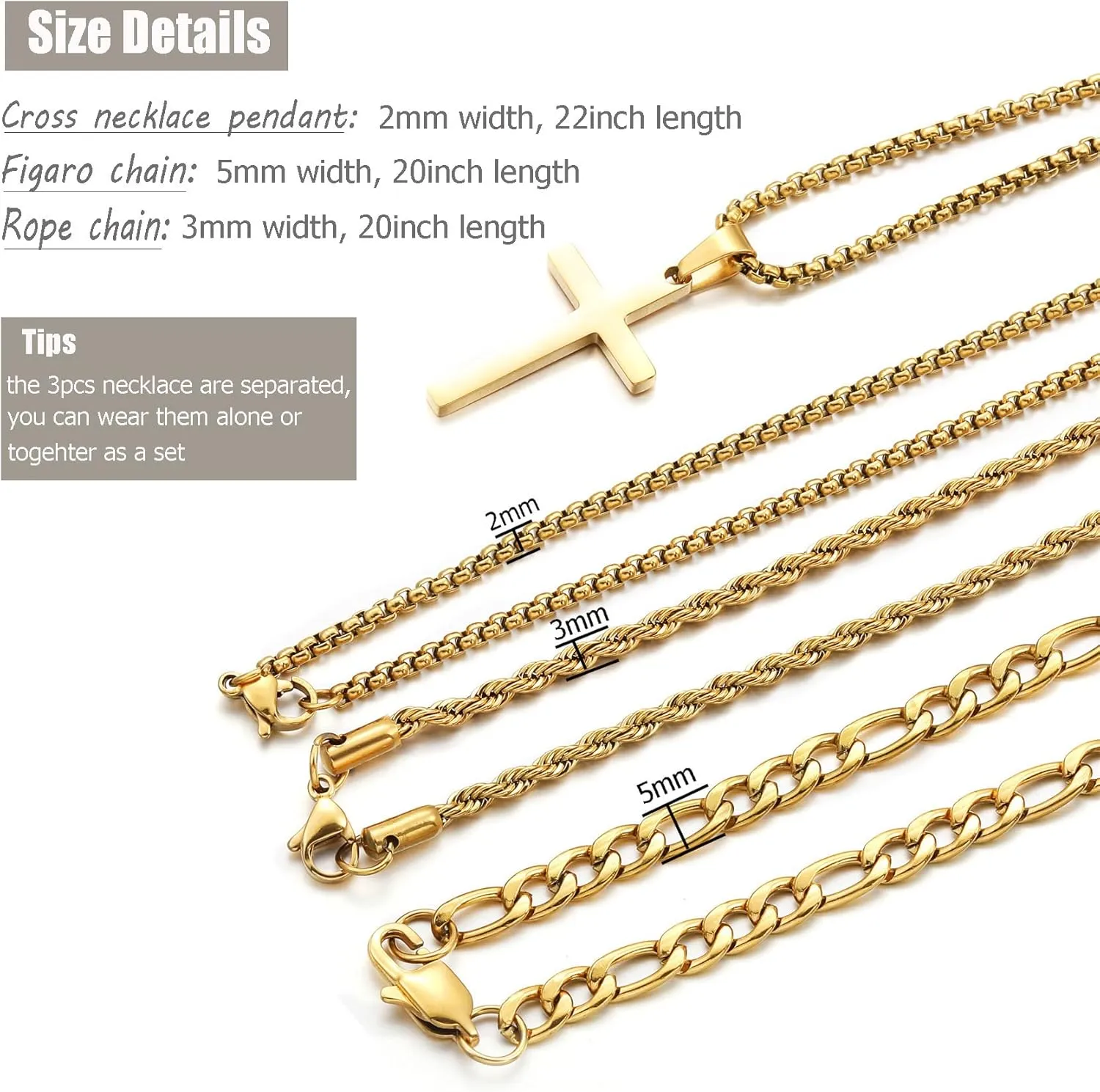 3Pcs Set Cross Necklace for Men, Mens Cross Necklace Cross Chain Layered Stainless Steel Rope Figaro Chains for Women Boys Gold Silver Black (20inch/22inch)