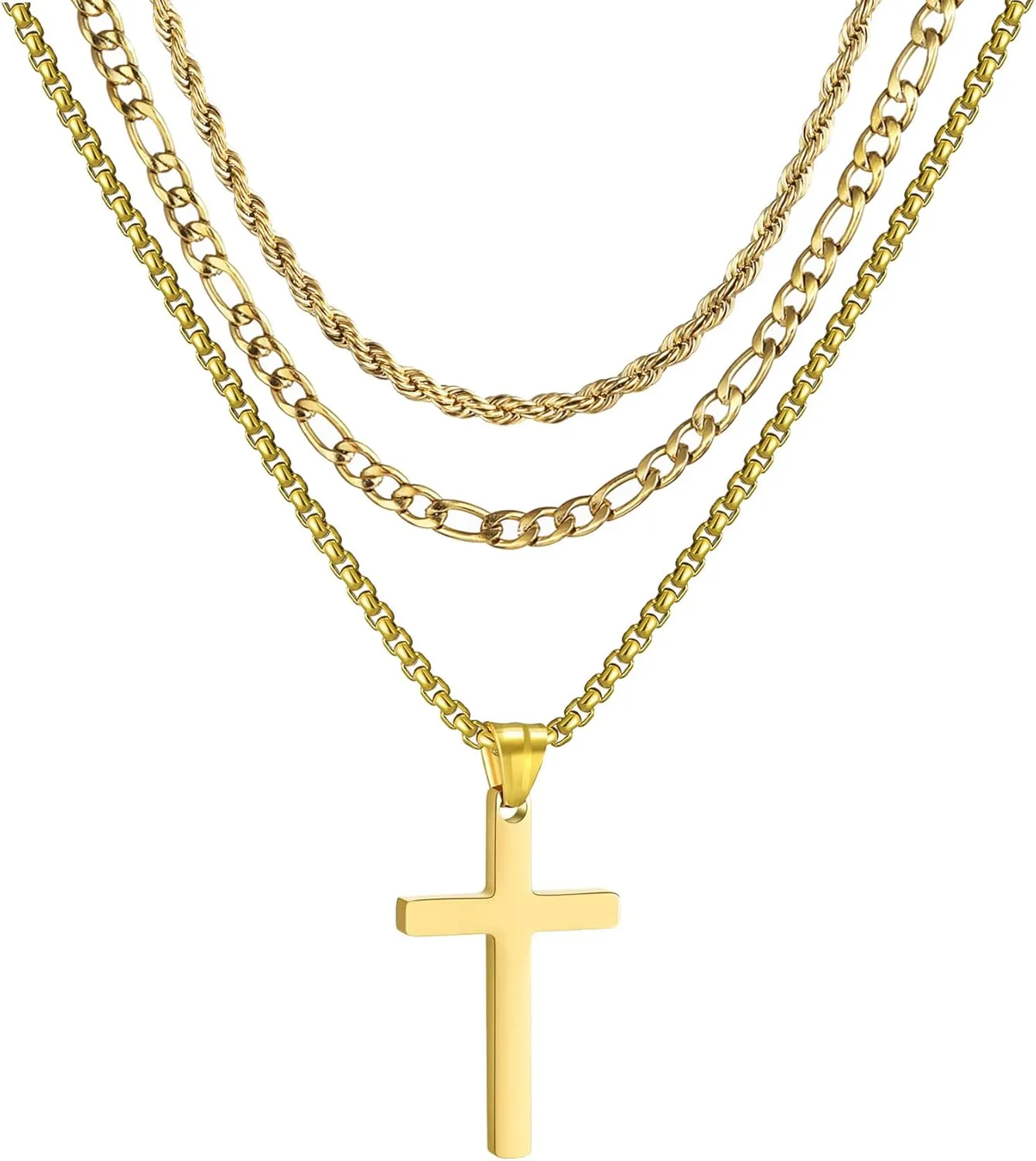 3Pcs Set Cross Necklace for Men, Mens Cross Necklace Cross Chain Layered Stainless Steel Rope Figaro Chains for Women Boys Gold Silver Black (20inch/22inch)