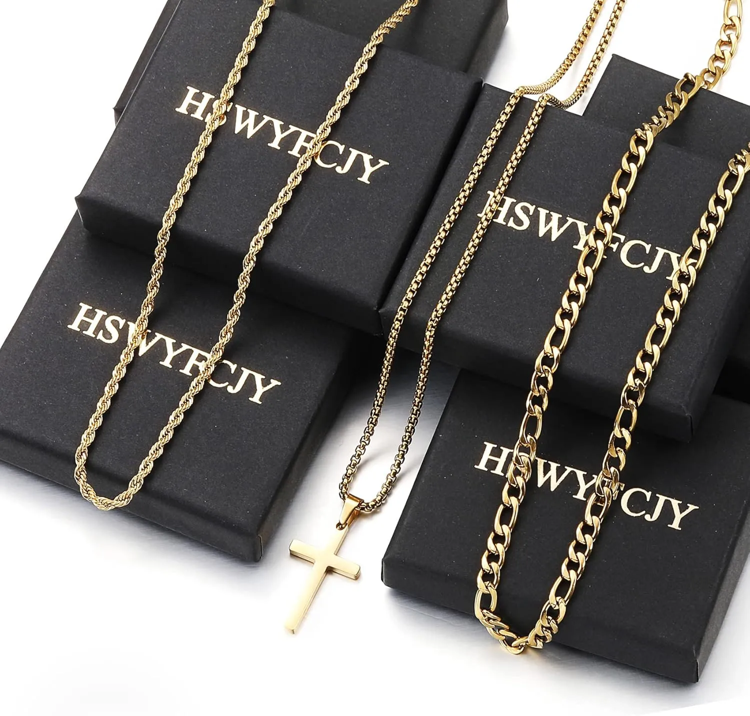 3Pcs Set Cross Necklace for Men, Mens Cross Necklace Cross Chain Layered Stainless Steel Rope Figaro Chains for Women Boys Gold Silver Black (20inch/22inch)