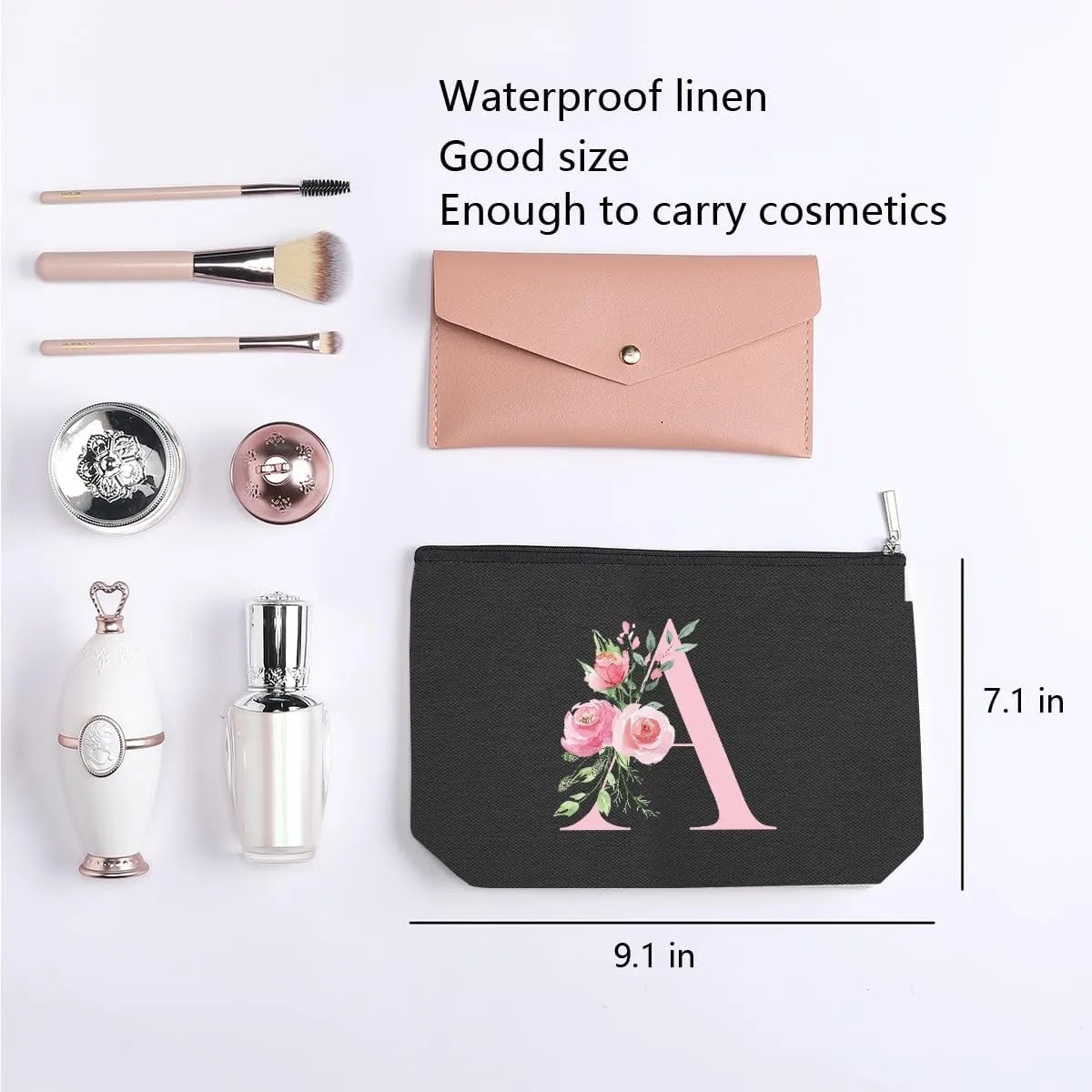 A-Z Personalized Cosmetic Bag Monogrammed Makeup Bags Bridesmaid Gifts Custom Toiletry Pouch Gifts for Women Mom Best Friend Sister Bride Bridesmaid (A)