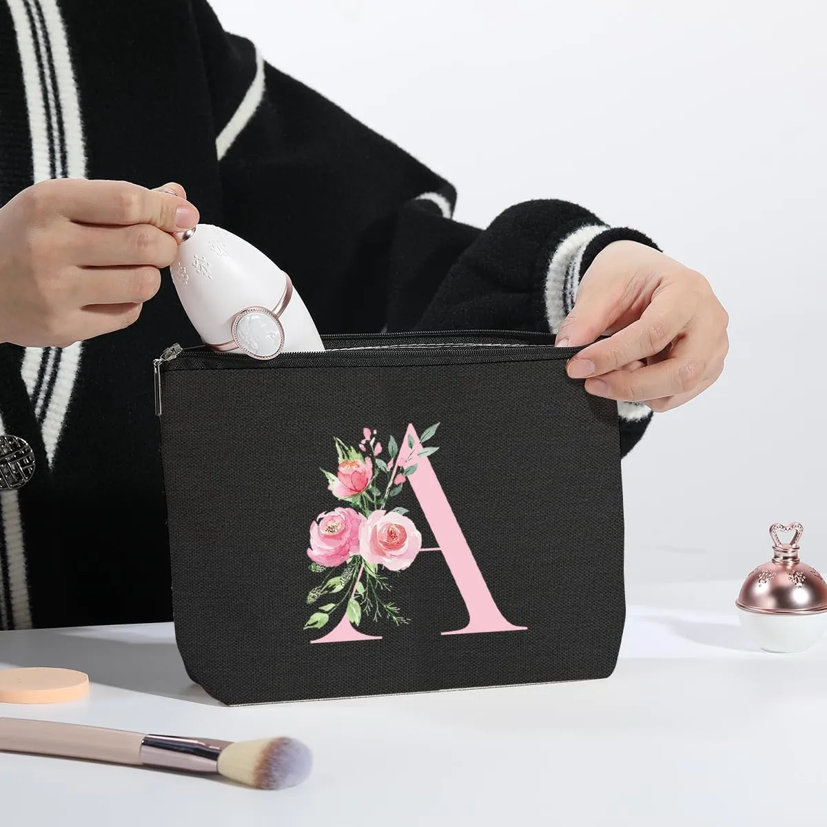 A-Z Personalized Cosmetic Bag Monogrammed Makeup Bags Bridesmaid Gifts Custom Toiletry Pouch Gifts for Women Mom Best Friend Sister Bride Bridesmaid (A)