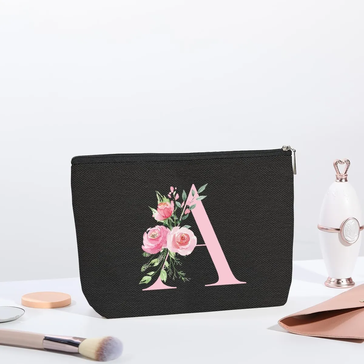 A-Z Personalized Cosmetic Bag Monogrammed Makeup Bags Bridesmaid Gifts Custom Toiletry Pouch Gifts for Women Mom Best Friend Sister Bride Bridesmaid (A)