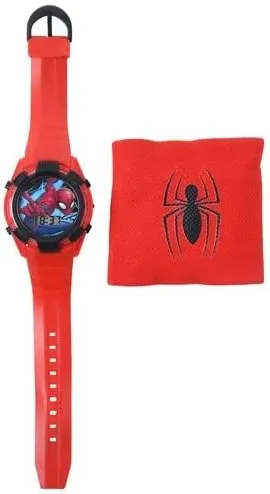 Accutime Marvel Spiderman Kids Digital Watch Set - LED Flashing Lights, LCD Watch Display, Red Sweat Band, Plastic Strap, Kids, Girls Or Boys Watch in Red (Model: SPD40113AZ)