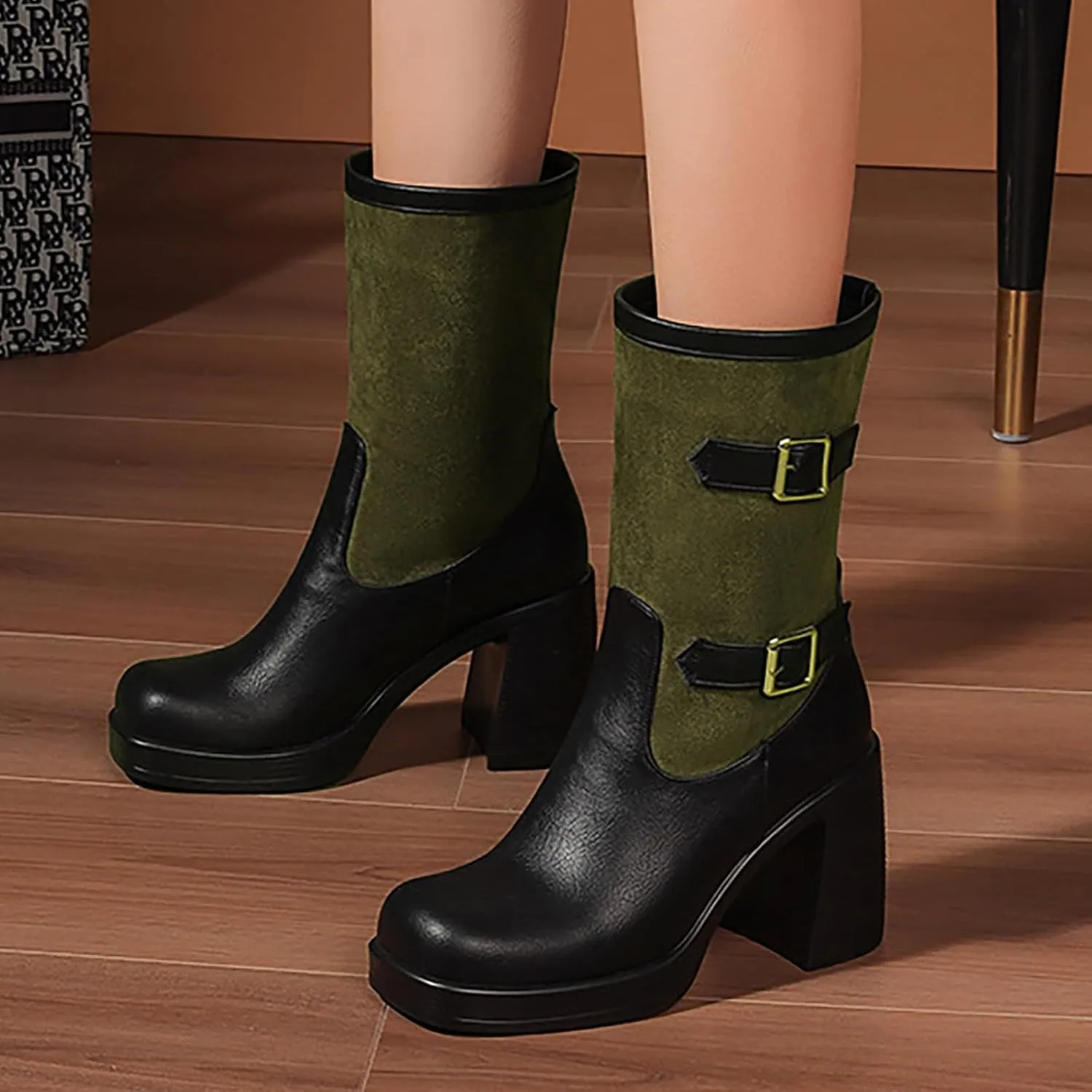 AMDBEL Ankle Boots for Women Comfy Women's Ankle Boots Patchwork Wedge Platform Chunky Heel Goth Boots Retro Western Boots