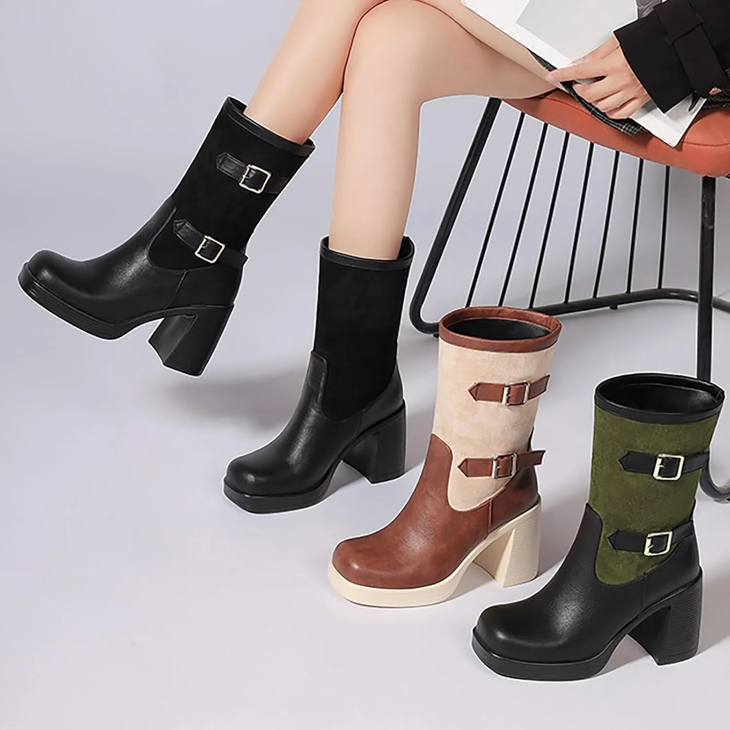 AMDBEL Ankle Boots for Women Comfy Women's Ankle Boots Patchwork Wedge Platform Chunky Heel Goth Boots Retro Western Boots
