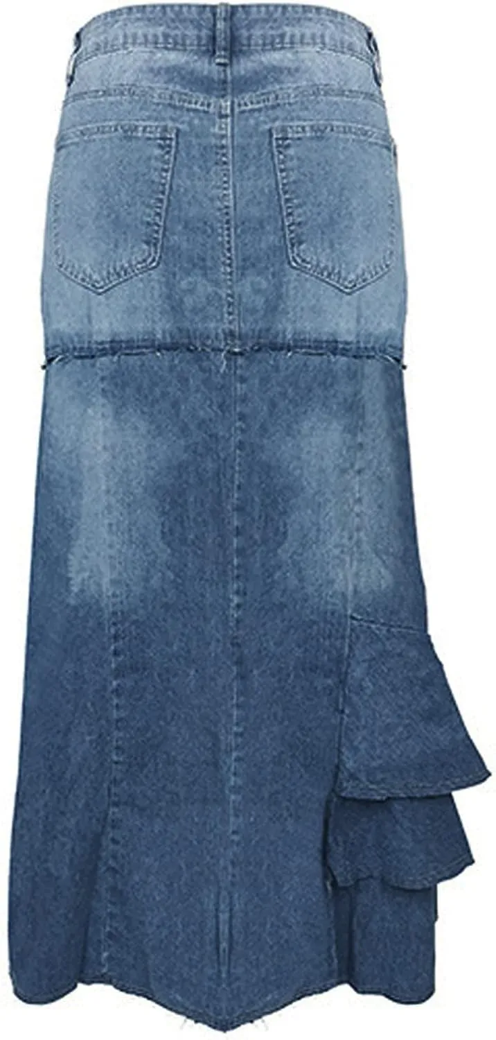 Asymmetrical Denim Skirts for Women High Waisted Casual Midi Length Skirt with Distressed Hem and Patchwork Design