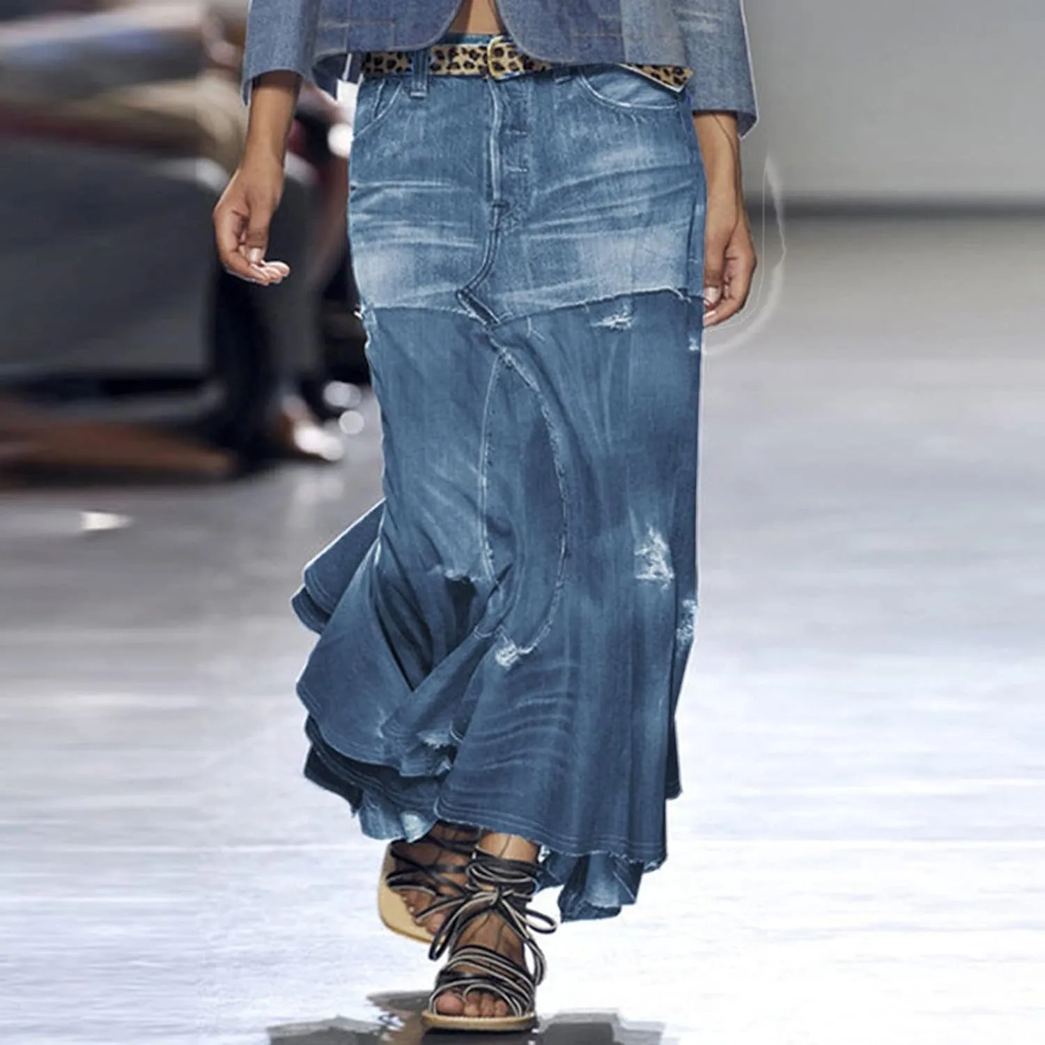 Asymmetrical Denim Skirts for Women High Waisted Casual Midi Length Skirt with Distressed Hem and Patchwork Design