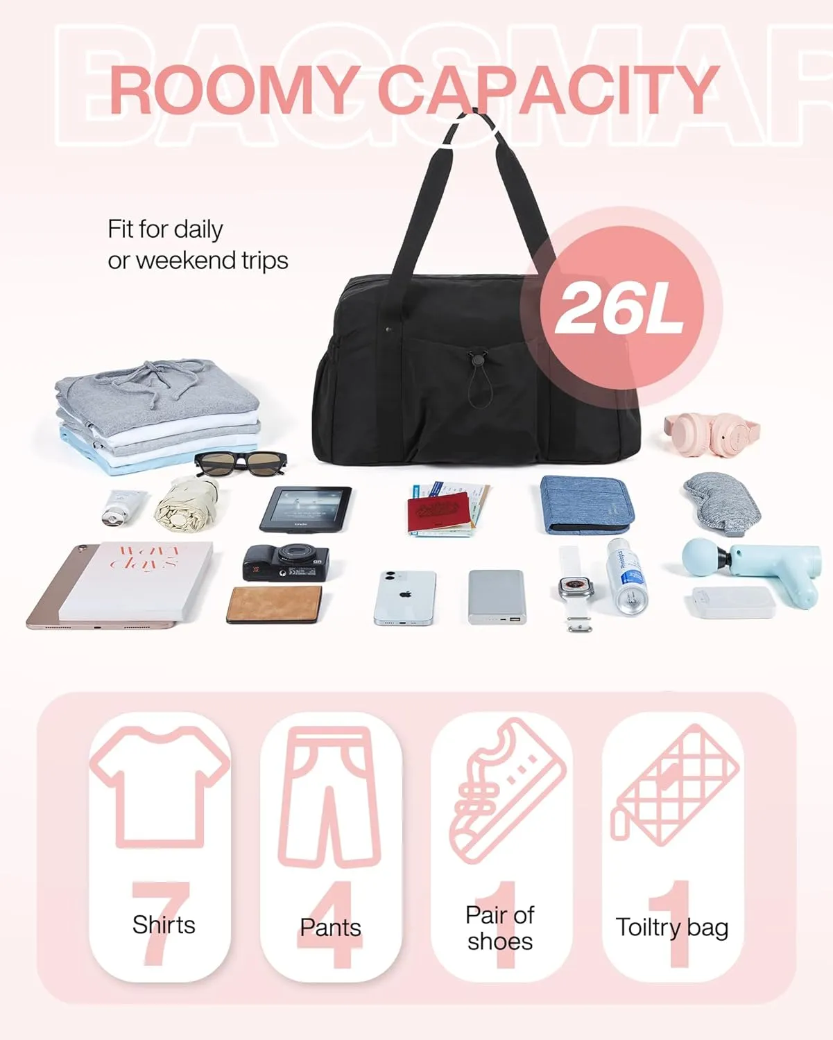 BAGSMART Foldable Travel Duffle Bag For Women, Gym Tote Bag for Sports, 26L Airport Carry On Weekender Overnight Bag for Travel, Travel Accessories(Black)