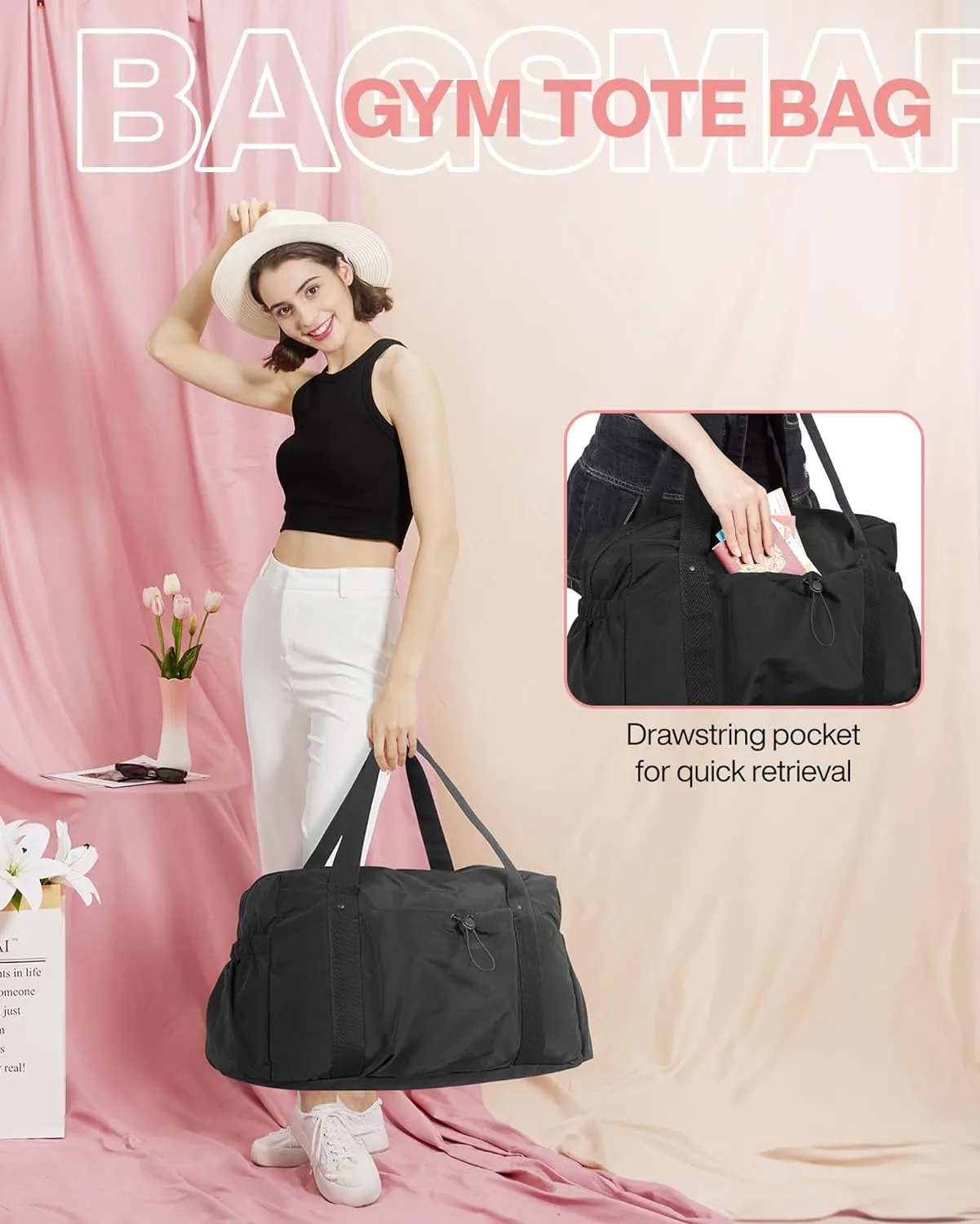 BAGSMART Foldable Travel Duffle Bag For Women, Gym Tote Bag for Sports, 26L Airport Carry On Weekender Overnight Bag for Travel, Travel Accessories(Black)
