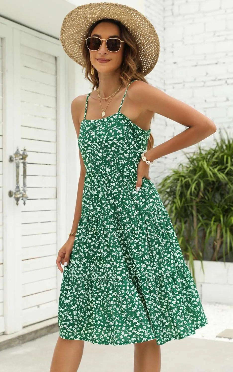 Berydress Womens Summer Dresses Spaghetti Strap Tiered Midi Dress Wedding Guest Ruffle Cotton Black Casual Beach Sun Dress