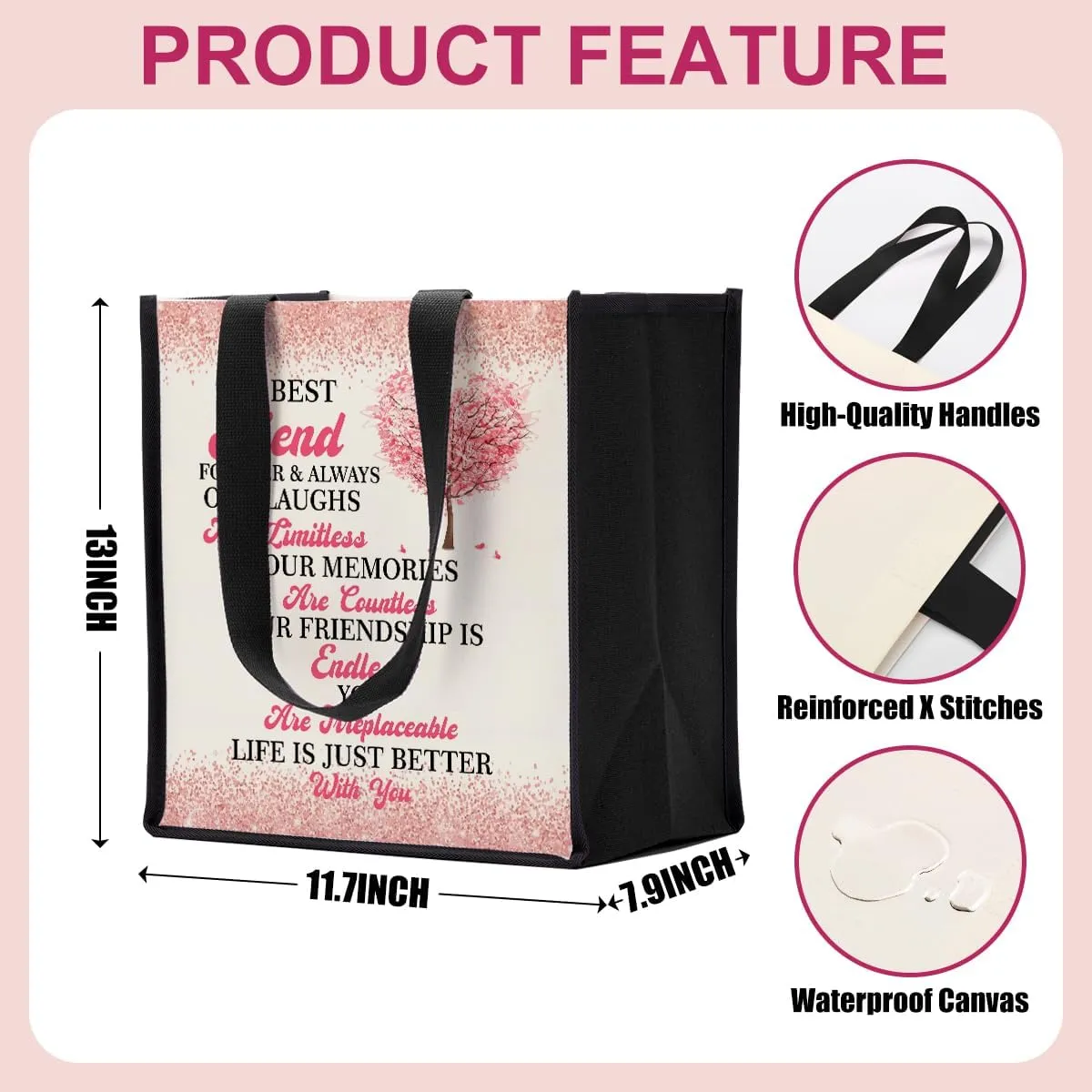Bestie Friendship Gifts for Women, Best Friend Christmas Birthday Gifts, Canvas Tote Bag Reusable Grocery Bags