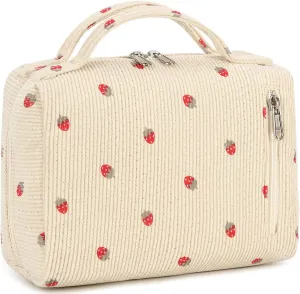 Bluboon Makeup Bag Zipper Pouch Travel Toiletry Bag Portable Cosmetic Bag Organizer for Women and Girls(Strawberry Corduroy Beige)